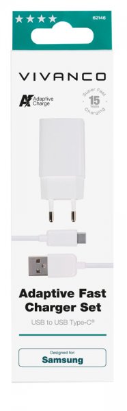 Vivanco Lader med Kabel Adaptive Fast Charger Set USB-C 15W 1m Hvit