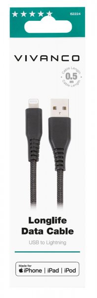 Vivanco Kabel Longlife Braided USB-A/Lightning 0.5m Svart