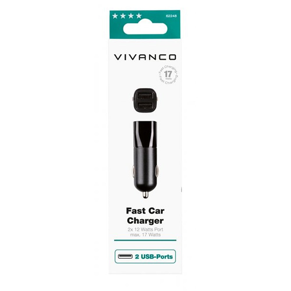 Vivanco Mobillader til bil Fast Car Charger 2xUSB-A 17W Svart