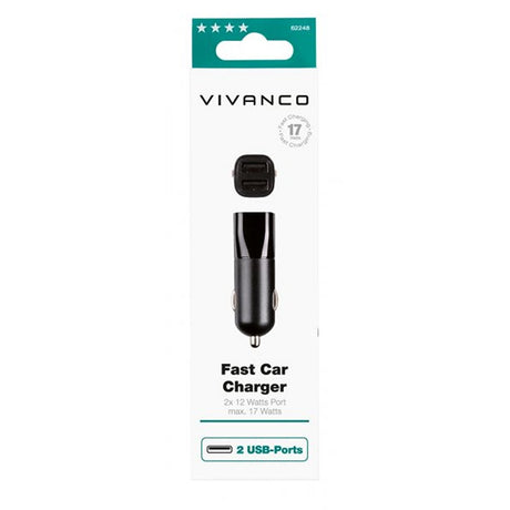 Vivanco Mobillader til bil Fast Car Charger 2xUSB-A 17W Svart