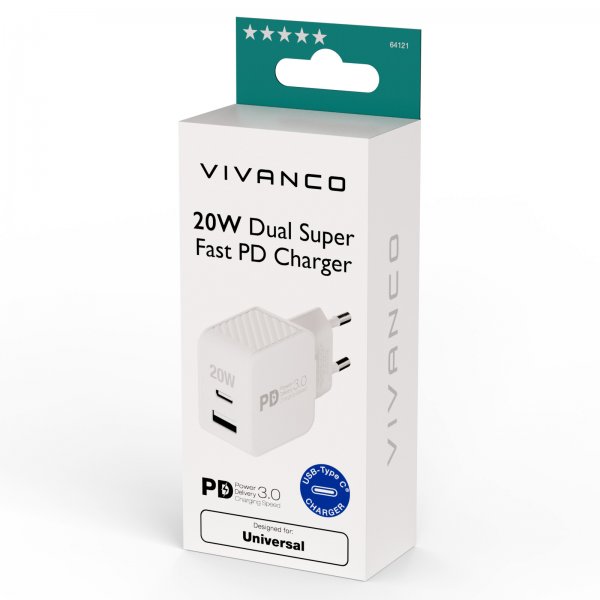 Vivanco Lader 20W Dual Super Fast PD Charger Hvit