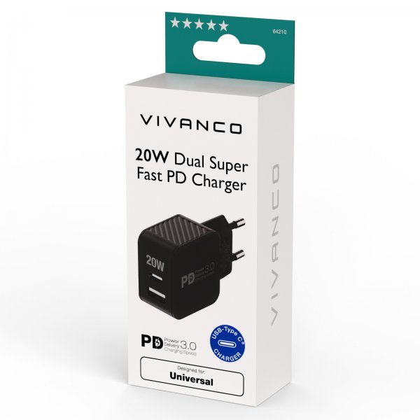 Vivanco Lader 20W Dual Super Fast PD Charger Svart