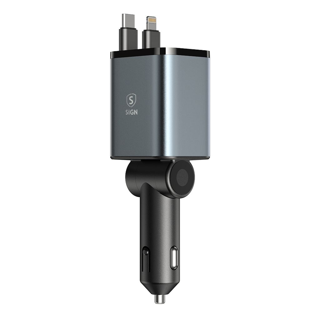 SiGN 4-i-1 mobillader til bil med uttrekkbare USB-C/Lightning-kabler 45W