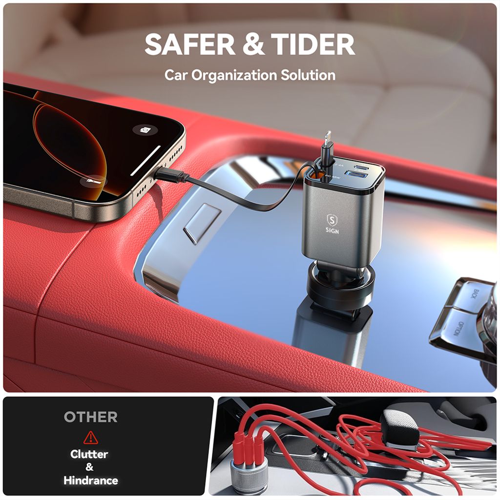 SiGN 4-i-1 mobillader til bil med uttrekkbare USB-C/Lightning-kabler 45W