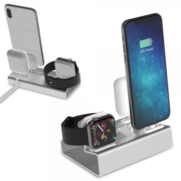 3-i-1 Holder for iPhone, Apple Watch og AirPods Sølv