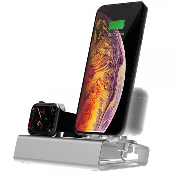 3-i-1 Holder for iPhone, Apple Watch og AirPods Sølv