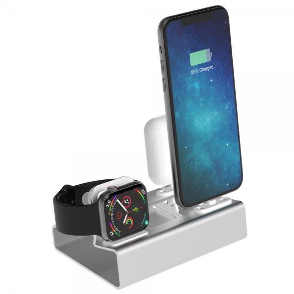 3-i-1 Holder for iPhone, Apple Watch og AirPods Sølv