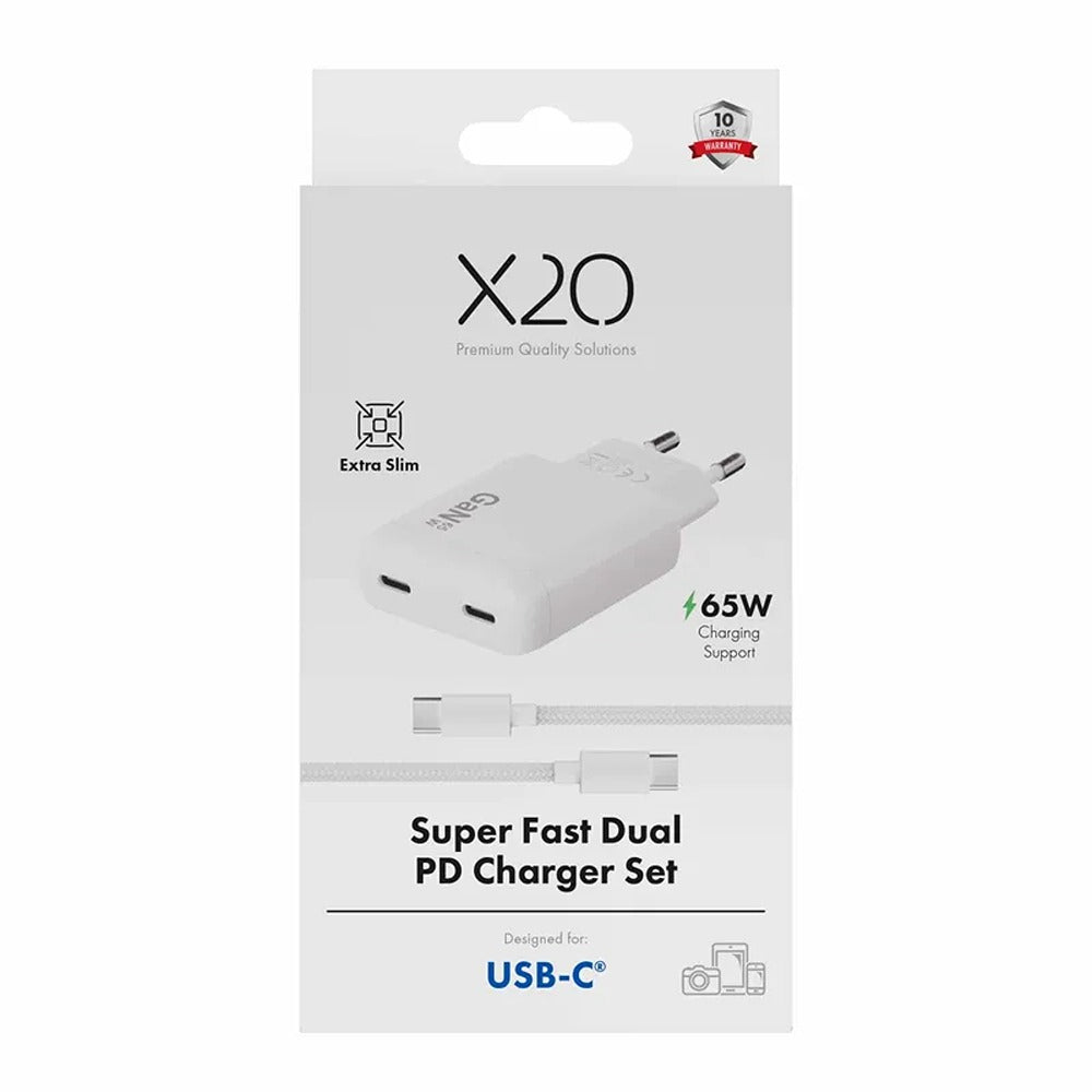 X2O 65W Dual Slim Home Charging Kit USB-C/C GaN 1.5m White