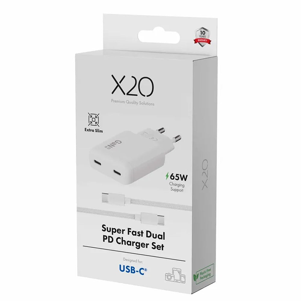 X2O 65W Dual Slim Home Charging Kit USB-C/C GaN 1.5m White