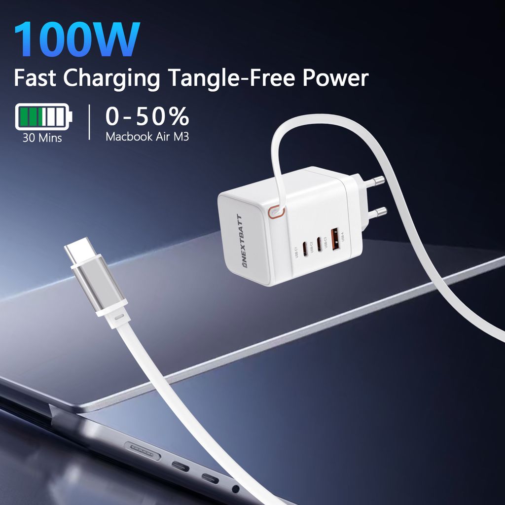 SiGN 100W GaN Snabbladdare med utdragbar USB-C-kabel Hvit
