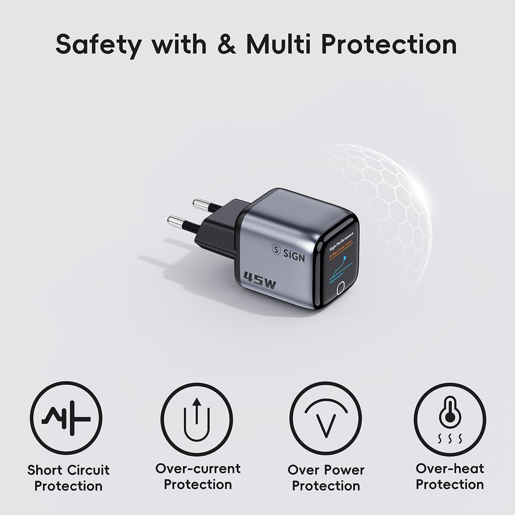 SiGN 45W Väggladdare med Display 2xUSB-C Grå