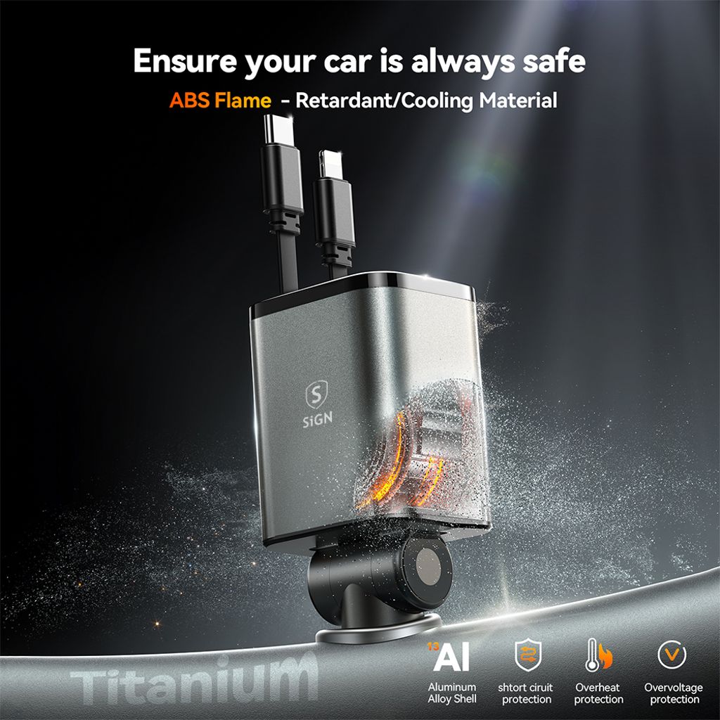 SiGN 4-i-1 mobillader til bil med uttrekkbare USB-C/Lightning-kabler 45W