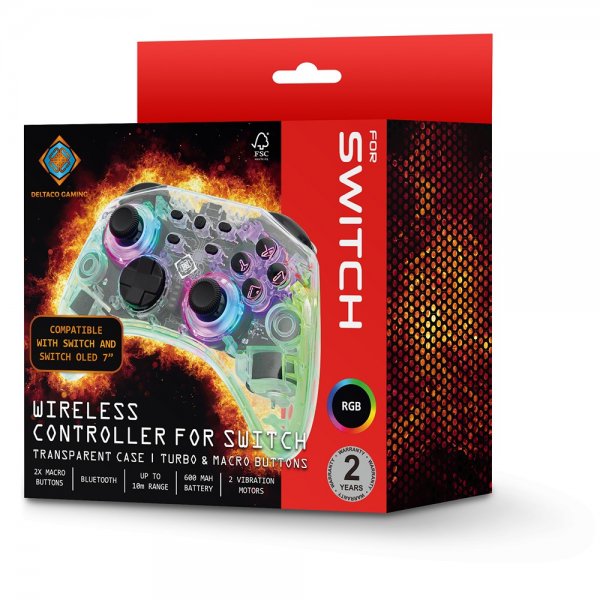 Deltaco Gaming Transparent Wireless Controller for Switch with RGB