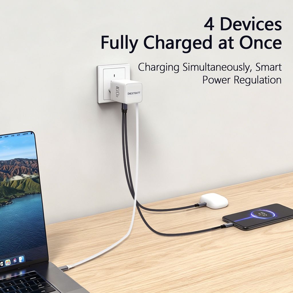 SiGN 100W GaN Snabbladdare med utdragbar USB-C-kabel Hvit