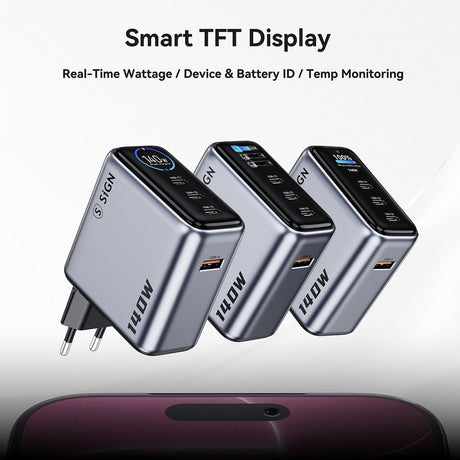 SiGN 140W Snabbladdare med Display 3xUSB-C/1xUSB-A Grå
