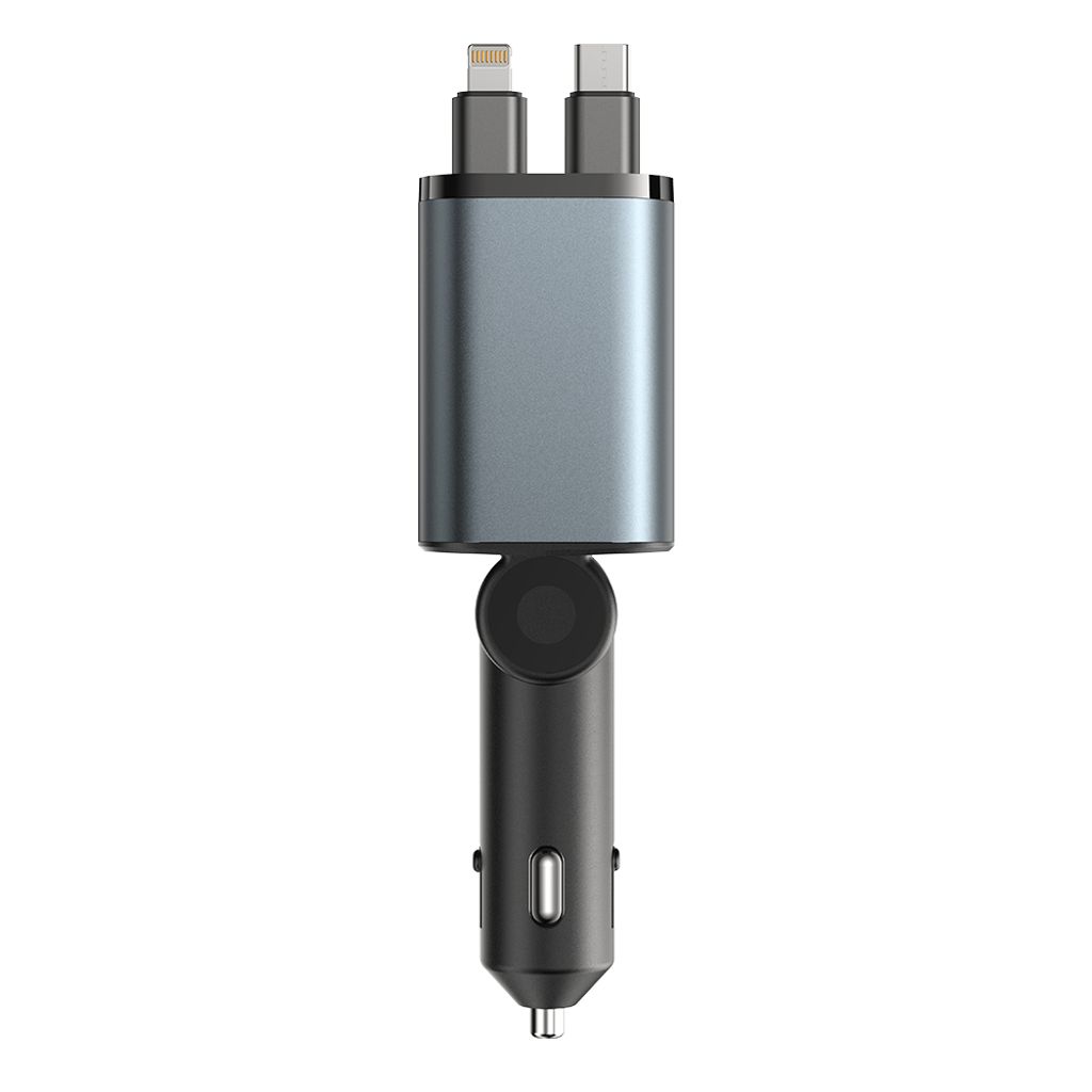 SiGN 4-i-1 mobillader til bil med uttrekkbare USB-C/Lightning-kabler 45W