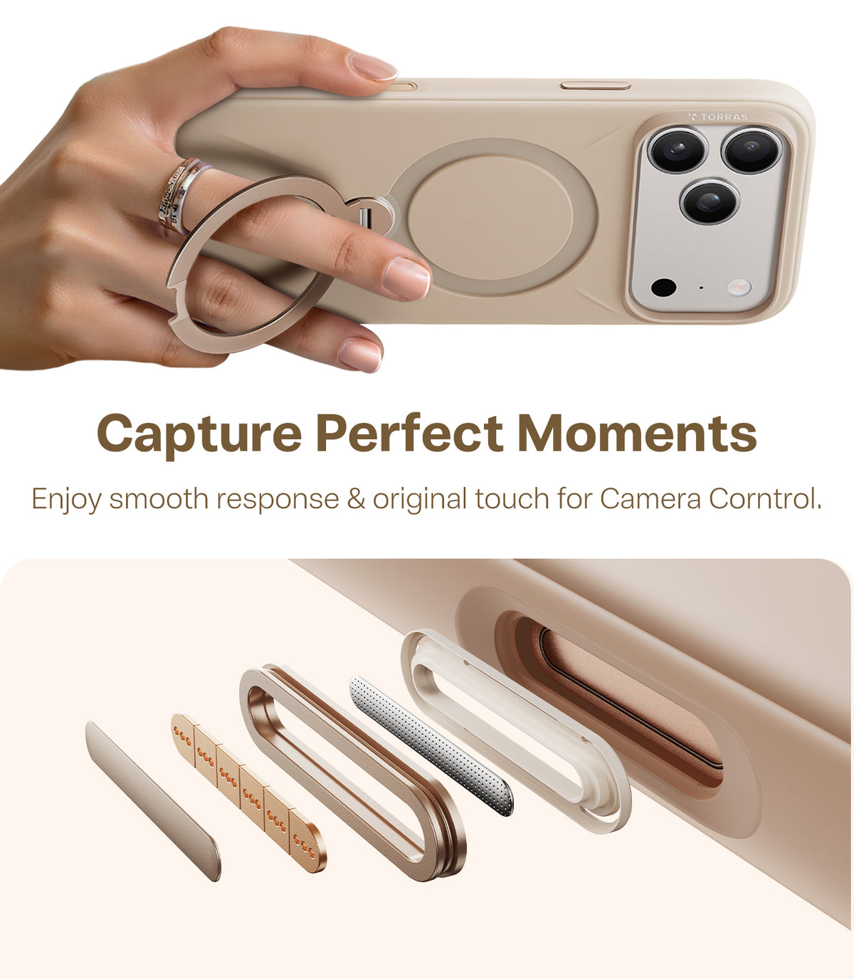 Torras iPhone 17 Pro Deksel Ostand Q3 Silicone Desert Gold