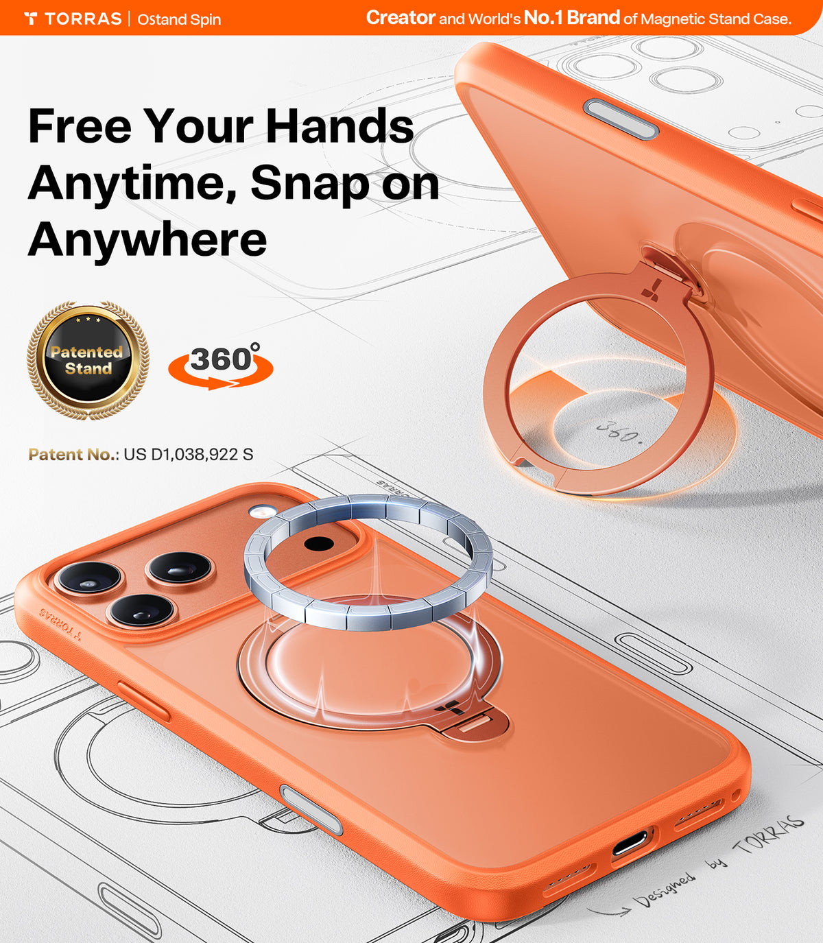 Torras iPhone 17 Pro Deksel Ostand Q3 Spin Energy Oransje