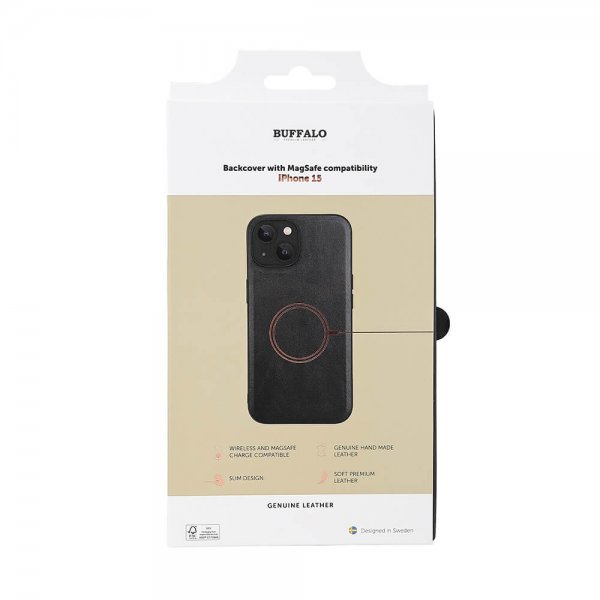 Buffalo iPhone 15 Deksel Ekte skinn MagSeries Svart