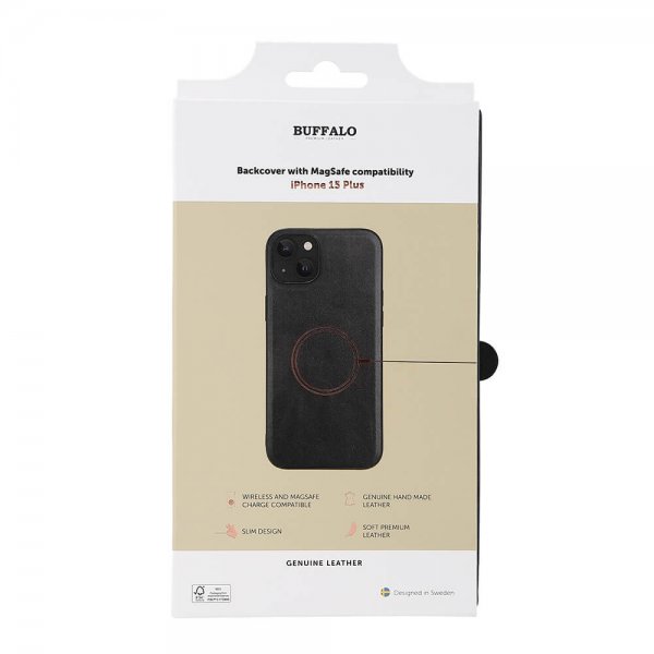 Buffalo iPhone 15 Plus Deksel Ekte skinn MagSeries Svart