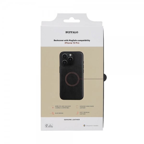 Buffalo iPhone 15 Pro Deksel Ekte skinn MagSeries Svart