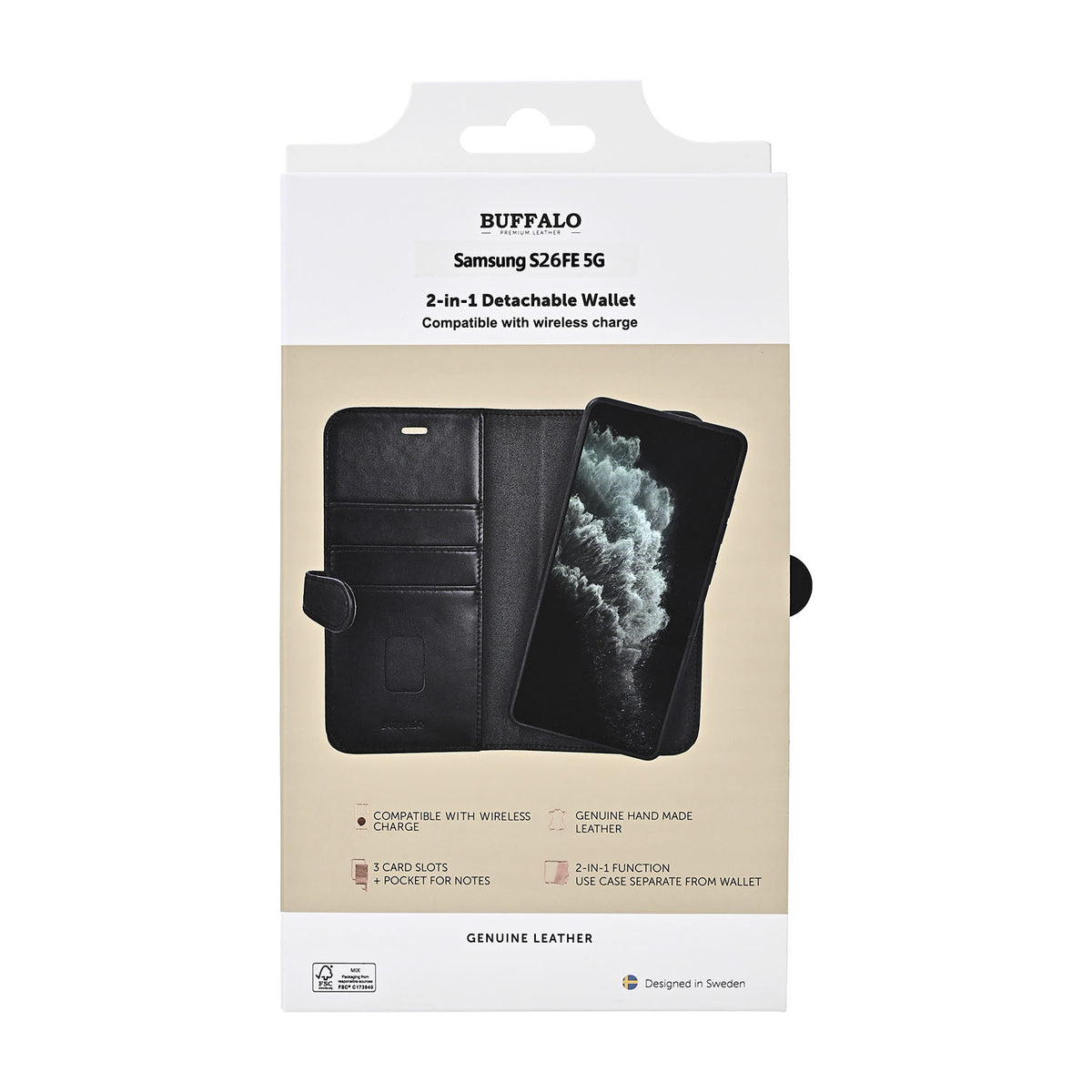 Buffalo Samsung Galaxy S26 FE Etui 2-i-1 Ekte Lær 3 Kortlommer Svart