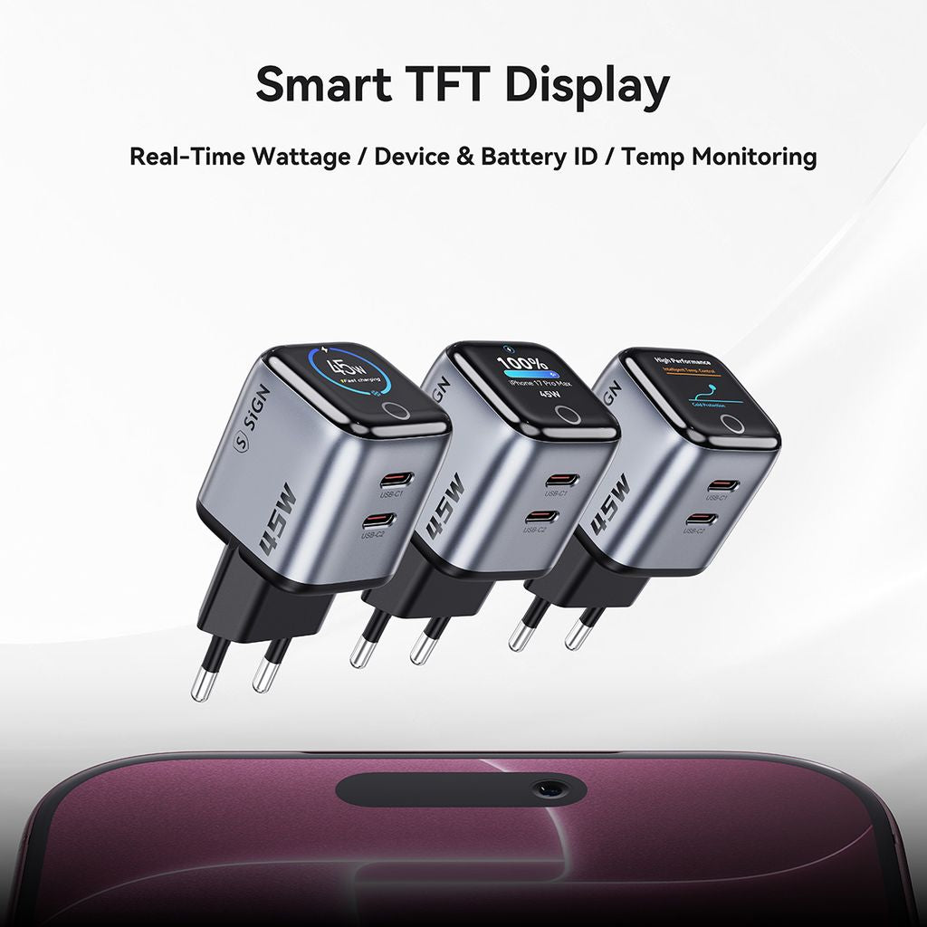 SiGN 45W Väggladdare med Display 2xUSB-C Grå