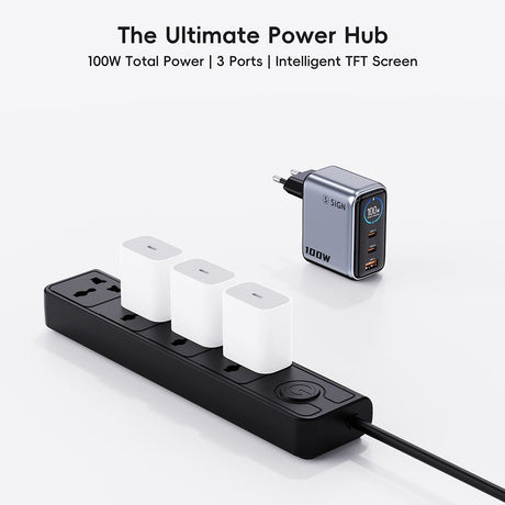 SiGN 100W Snabbladdare med Display 2xUSB-C/1xUSB-A Grå