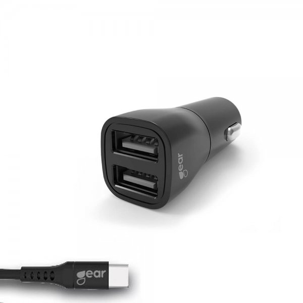 Gear Bil-lader 2xUSB 3.4A USB-C Kabel 1m Svart