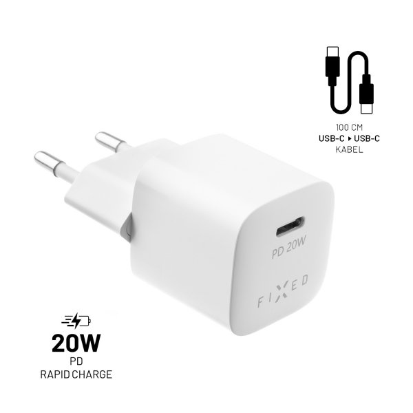 Fixed Lader med Kabel Mini PD Travel Charger Kit USB-C/USB-C 20W Hvit