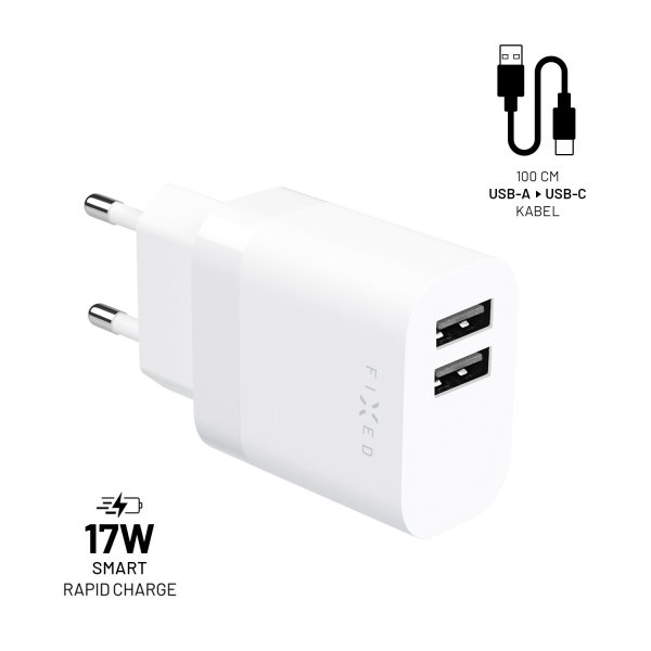 Fixed Lader med USB-C Kabel 1m 2xUSB-A 17W Hvit