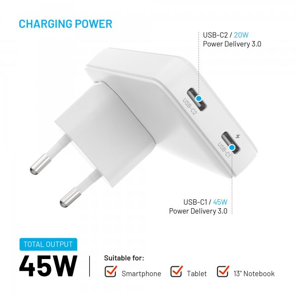 Fixed Reise Lader Slim Traveller 2xUSB-C 45W