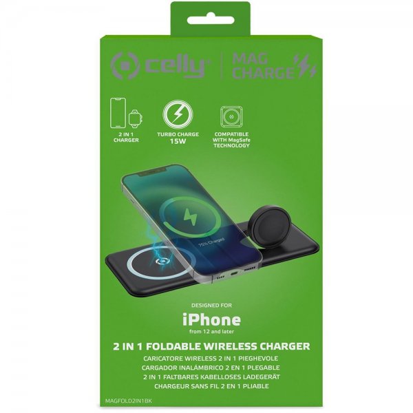 Celly Trådløs lader 2 in 1 Foldable Wireless Charger 15W MagSafe