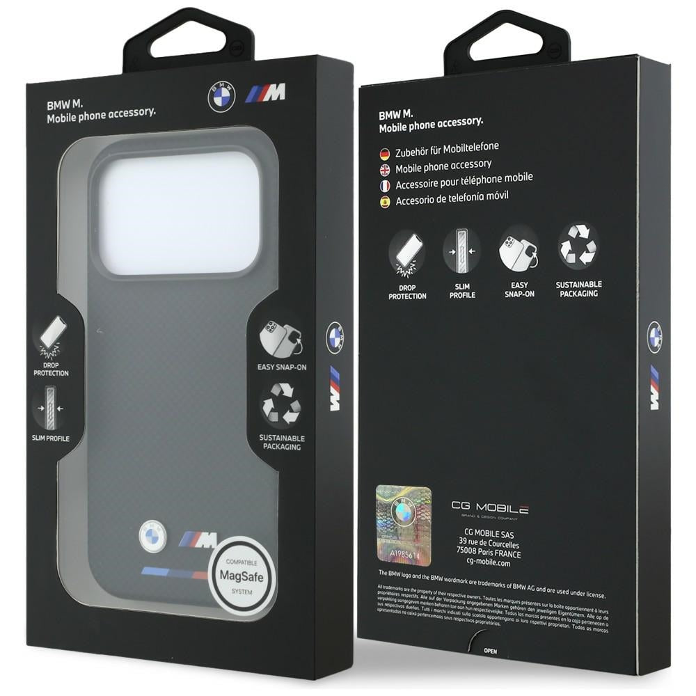 BMW iPhone 17 Pro/iPhone 18 Pro Deksel M Quadrille Kevlar Tricolor og metallogo Svart