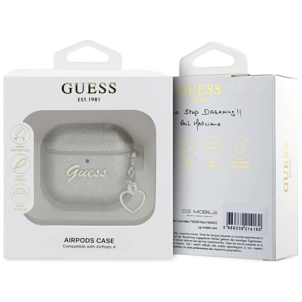 Guess AirPods 4 Deksel Metallic Script Charm Gull