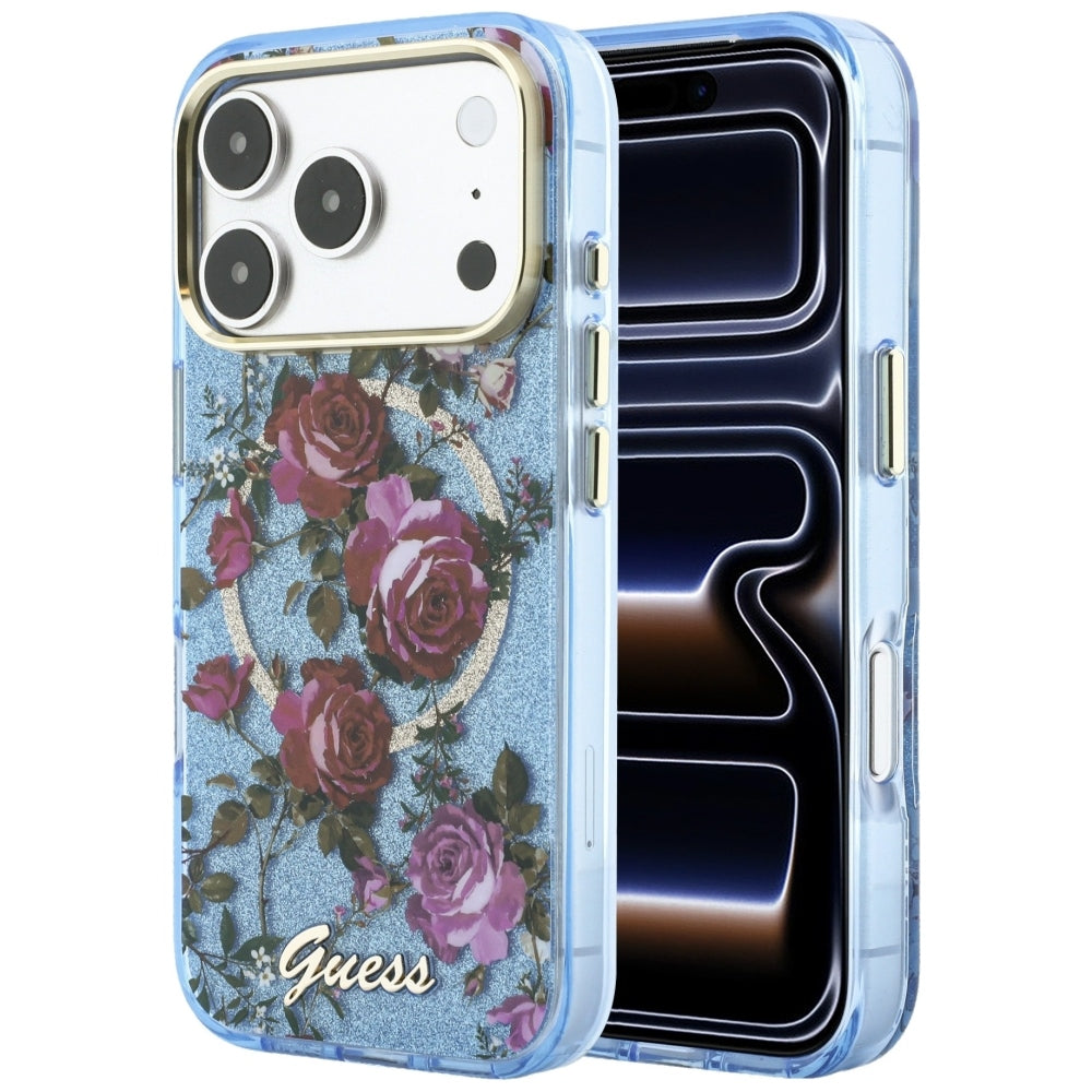 Guess iPhone 17 Pro/iPhone 18 Pro Deksel Glitter Blossom Roses Blå