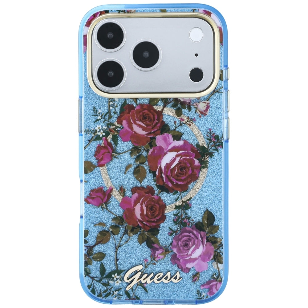 Guess iPhone 17 Pro/iPhone 18 Pro Deksel Glitter Blossom Roses Blå