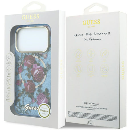 Guess iPhone 17 Pro/iPhone 18 Pro Deksel Glitter Blossom Roses Blå
