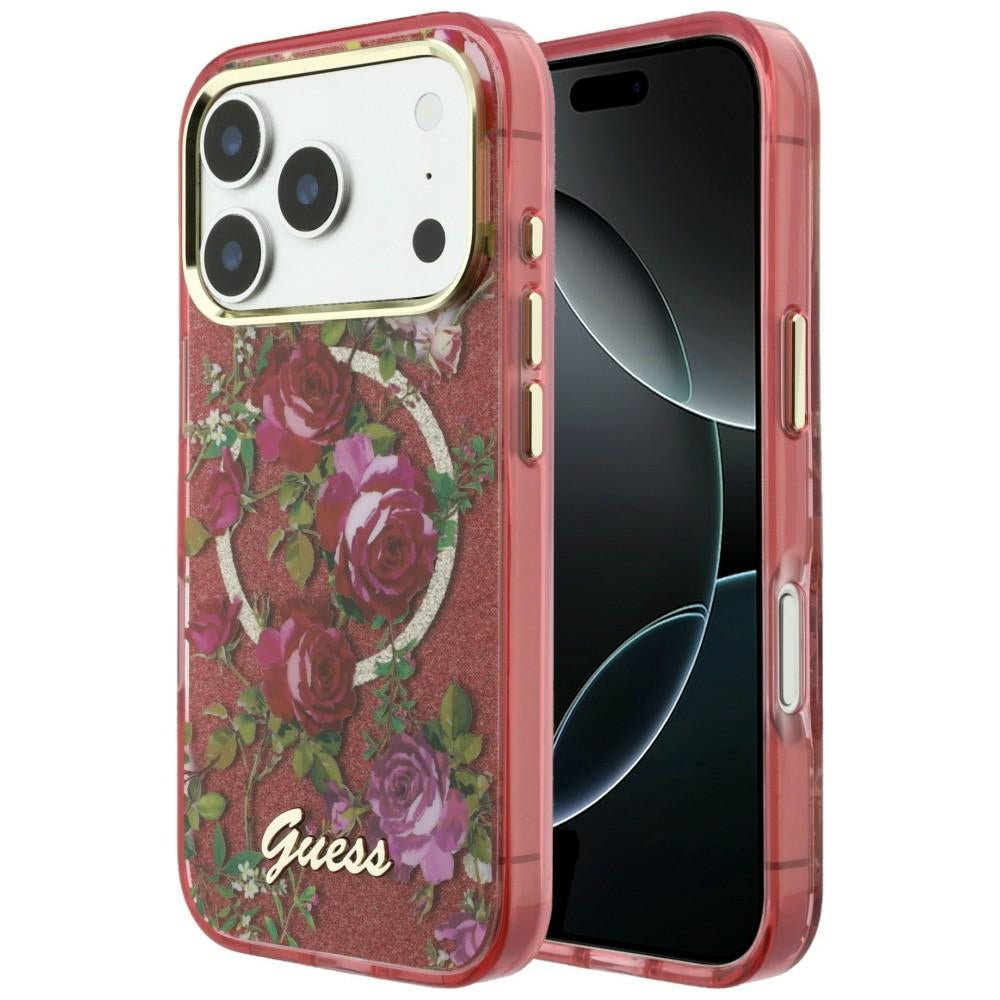 Guess iPhone 17 Pro Max/iPhone 18 Pro Max Deksel Glitter Blossom Roses Burgundy