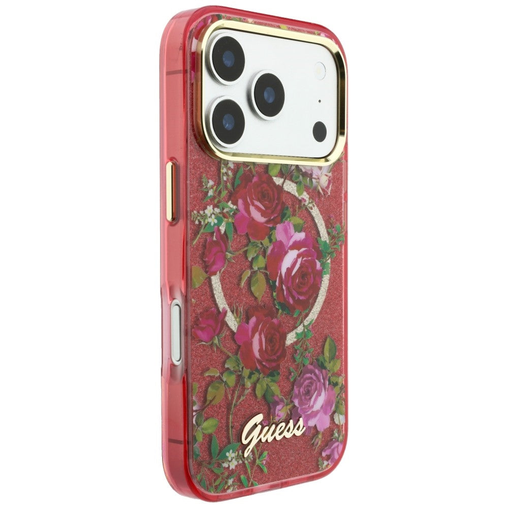 Guess iPhone 17 Pro Max/iPhone 18 Pro Max Deksel Glitter Blossom Roses Burgundy