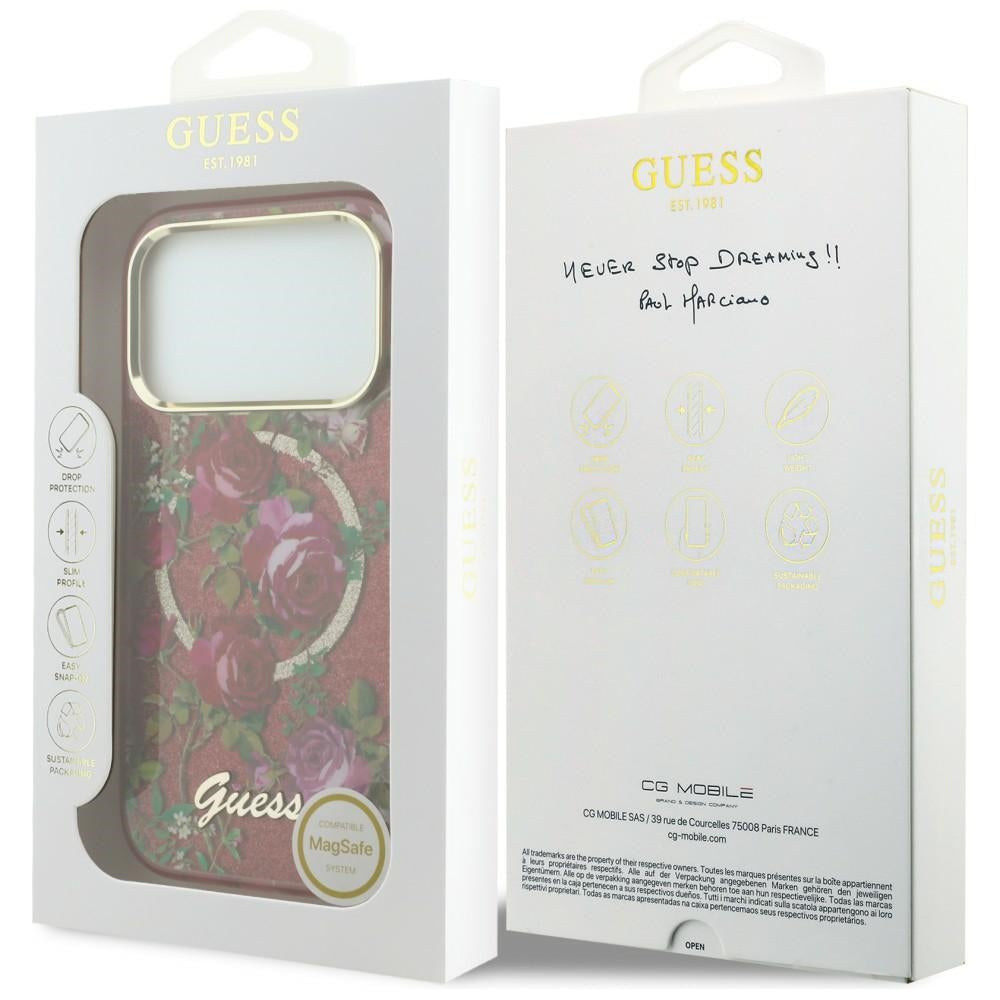 Guess iPhone 17 Pro Max/iPhone 18 Pro Max Deksel Glitter Blossom Roses Burgundy