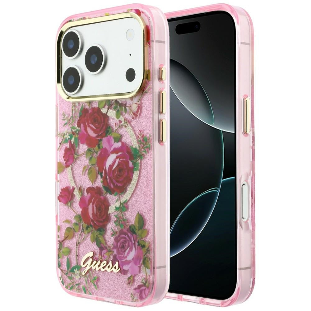 Guess iPhone 17 Pro/iPhone 18 Pro Deksel Glitter Blossom Roses Rosa