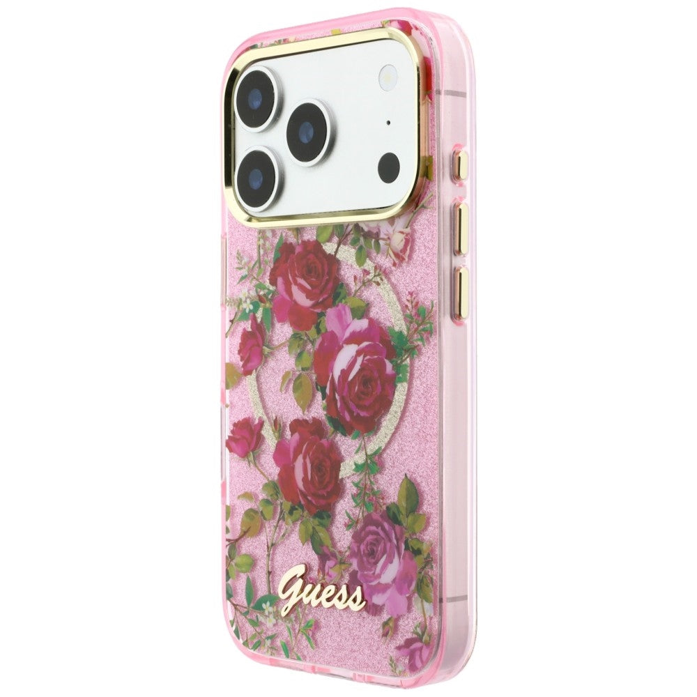 Guess iPhone 17 Pro/iPhone 18 Pro Deksel Glitter Blossom Roses Rosa