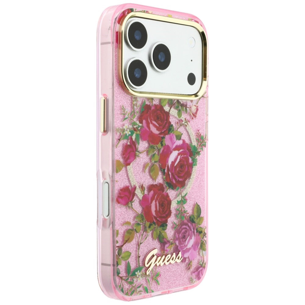 Guess iPhone 17 Pro/iPhone 18 Pro Deksel Glitter Blossom Roses Rosa