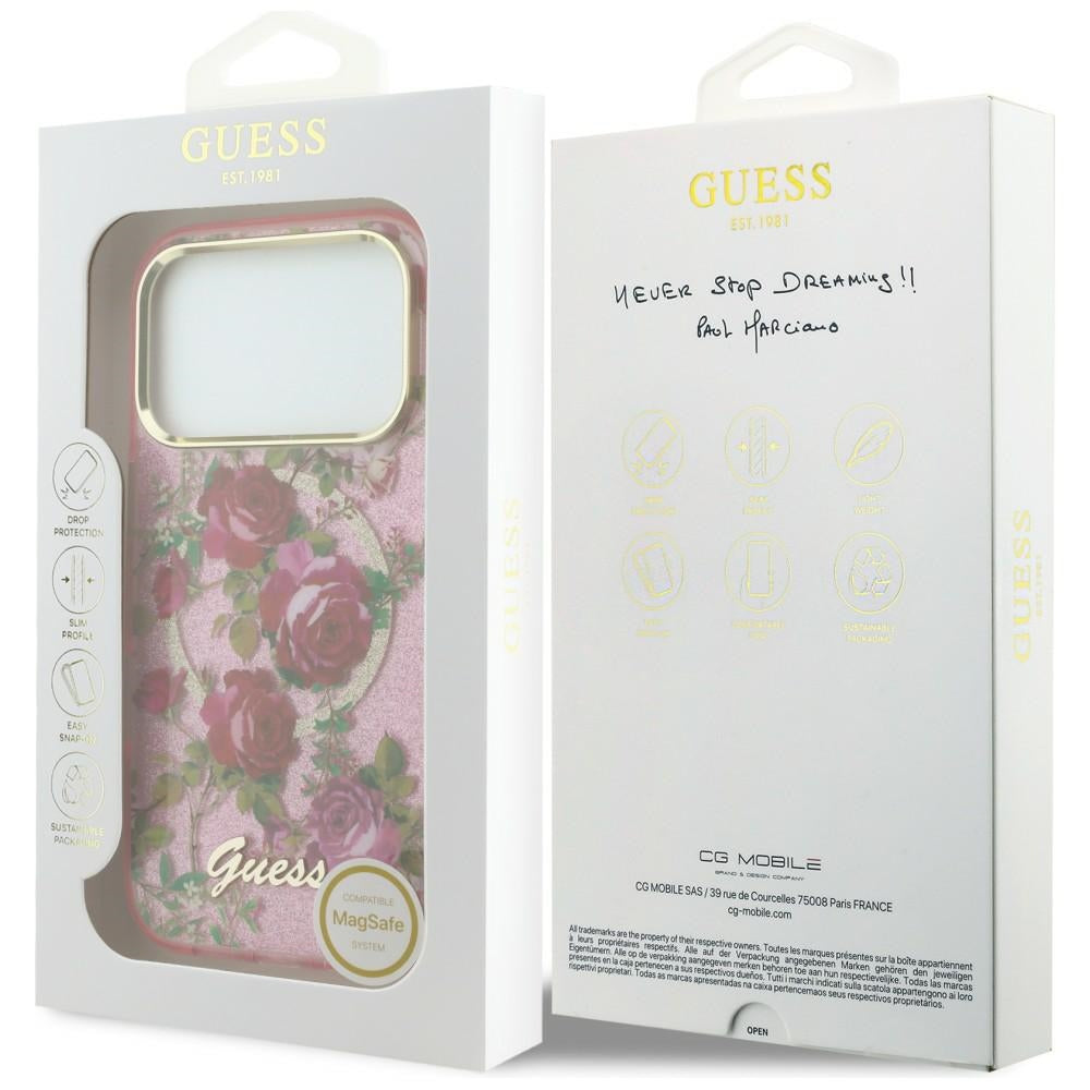 Guess iPhone 17 Pro/iPhone 18 Pro Deksel Glitter Blossom Roses Rosa
