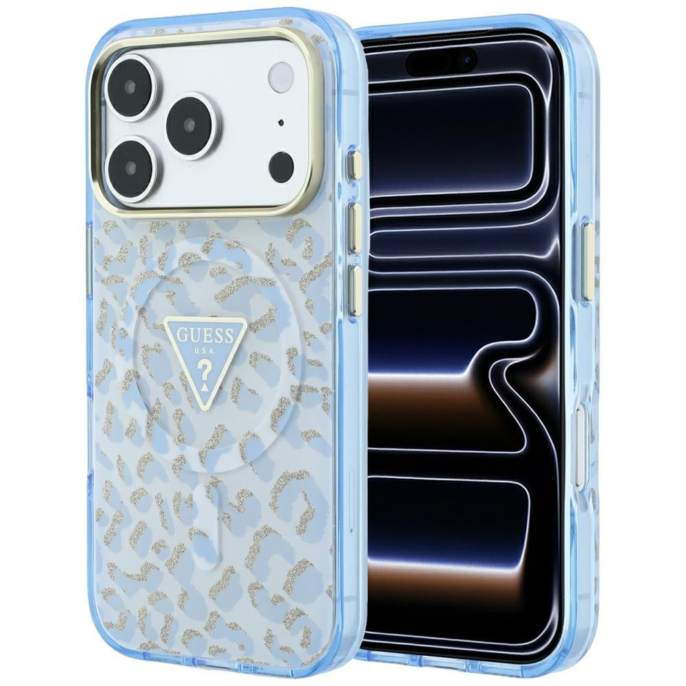 Guess Deksel til iPhone 17 Pro Max/iPhone 18 Pro Max Leopard Glitter Blå