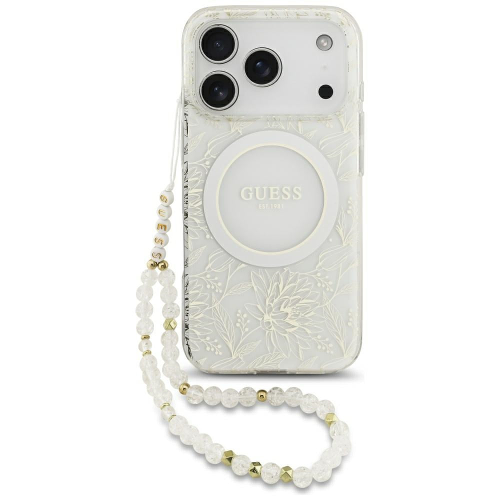 Guess iPhone 17 Pro/iPhone 18 Pro Deksel galvaniserte blomster perlesnor Hvit