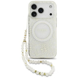 Guess iPhone 17 Pro/iPhone 18 Pro Deksel galvaniserte blomster perlesnor Hvit