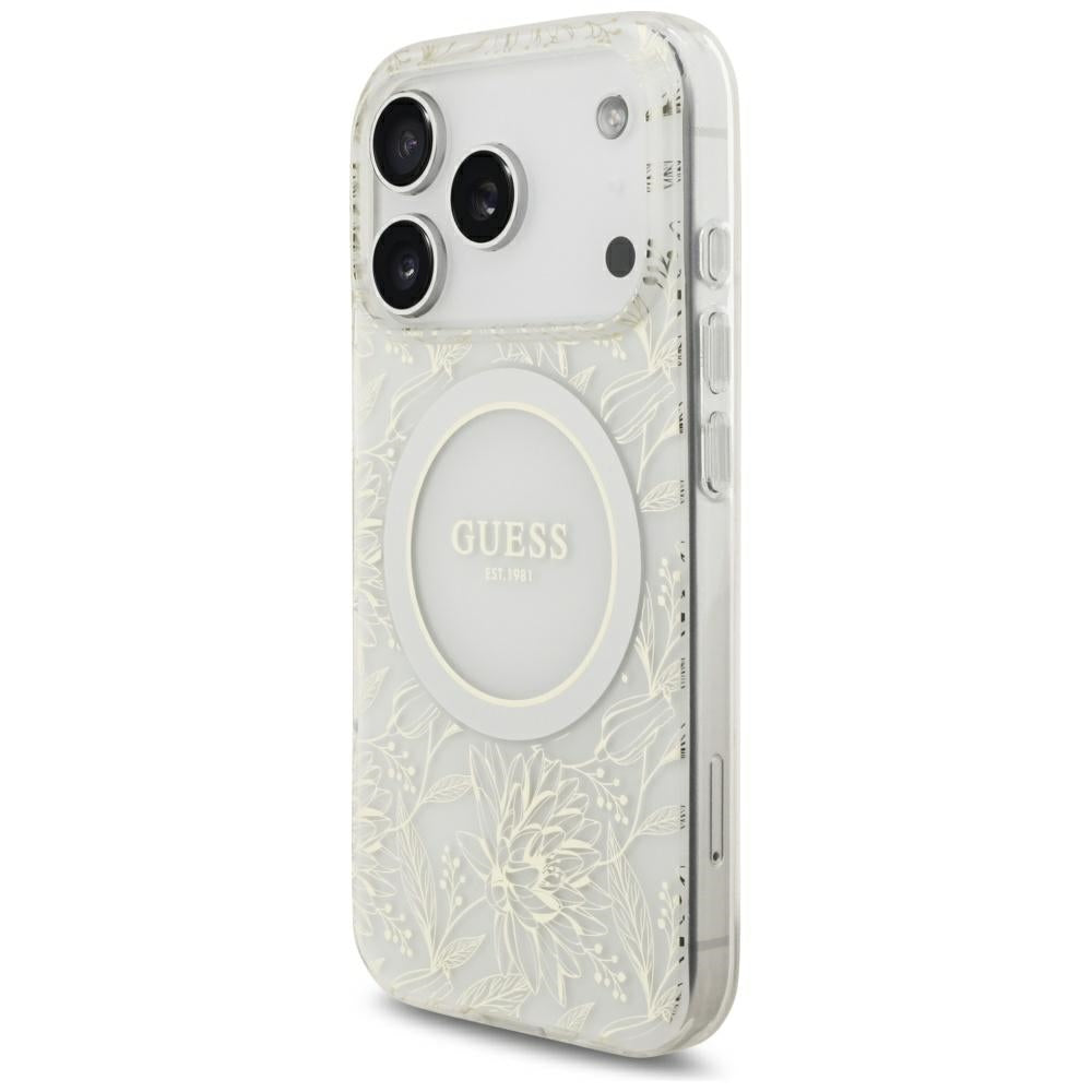 Guess iPhone 17 Pro/iPhone 18 Pro Deksel galvaniserte blomster perlesnor Hvit