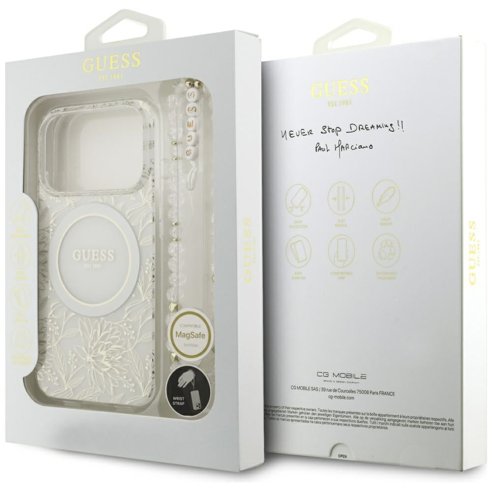 Guess iPhone 17 Pro/iPhone 18 Pro Deksel galvaniserte blomster perlesnor Hvit